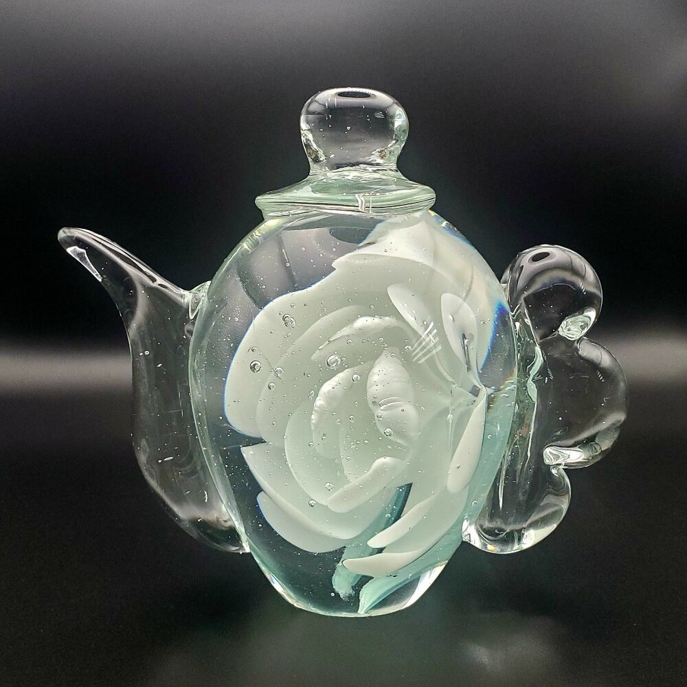 Solid Glass Teapot Paperweight Infused White Rose Green Glass Art Deco Vintage